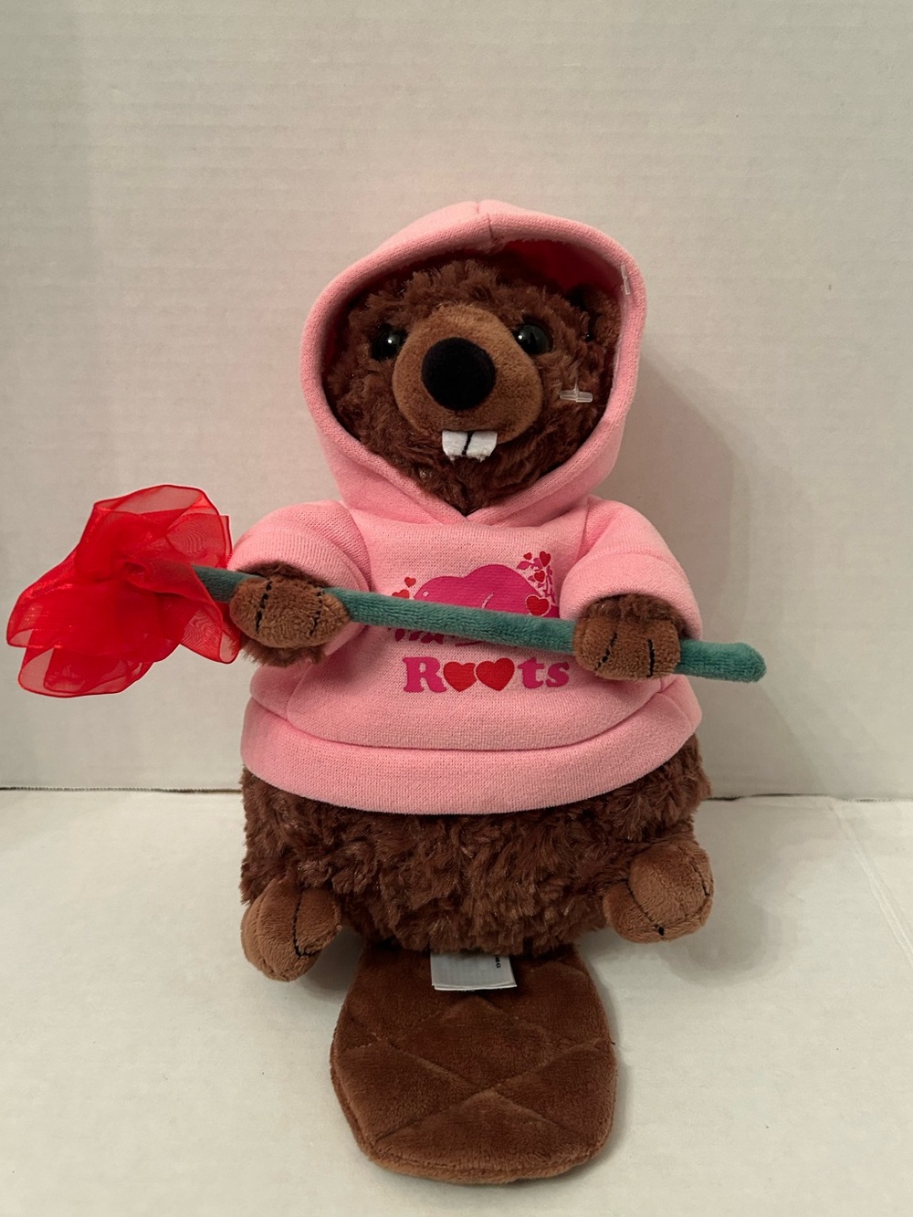 Roots Brown Plush Beaver in Pink Hoodie with Red Rose